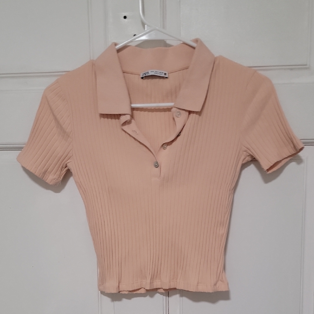 Zara Like New Peach Button Down Ribbed Top Stretchable Soft Comfy Top Limited